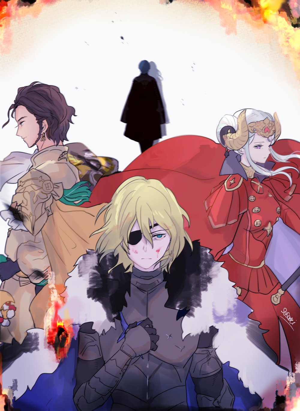 1girl 3boys armor artist_name blonde_hair blood blood_on_face brown_hair byleth byleth_(female) byleth_(male) cape claude_von_regan_(fire_emblem) closed_mouth crown dark_skin dark_skinned_male dimitri_alexandre_bladud_(fire_emblem) double_bun dress edelgard_von_hresvelgr_(fire_emblem) eyepatch fire_emblem fire_emblem:_three_houses from_behind from_side hair_ornament headpiece highres multiple_boys older red_dress sasaki_(dkenpisss) short_hair