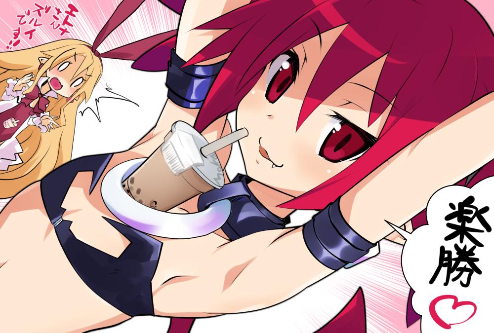 0_0 2girls armband armpits arms_up bat_wings blonde_hair bow bubble_tea bubble_tea_challenge choker demon_girl disgaea earrings etna eyebrows_visible_through_hair fang flat_chest flonne flonne_(fallen_angel) hair_between_eyes iwasi-r jewelry leotard long_hair looking_at_viewer multiple_girls o-ring o-ring_choker pointy_ears red_eyes red_leotard red_wings redhead ribbon smile translated wings