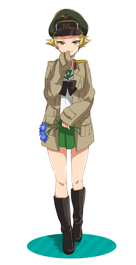 1girl black_bow black_footwear black_neckwear blonde_hair blouse boots bow bowtie brown_eyes brown_jacket closed_mouth commentary_request erwin_(girls_und_panzer) flower full_body girls_und_panzer goggles goggles_on_headwear green_headwear green_skirt half-closed_eyes hand_to_own_mouth hat holding holding_flower jacket knee_boots long_sleeves looking_at_viewer military_hat military_jacket miniskirt ooarai_school_uniform open_clothes open_jacket peaked_cap pleated_skirt pointy_hair school_uniform serafuku shinaso_(sachi-machi) short_hair simple_background skirt sleeves_past_wrists smile solo white_background white_blouse