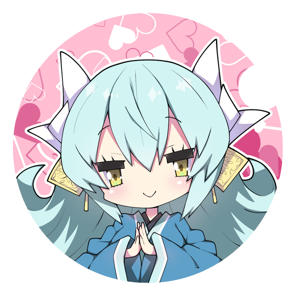 1girl bangs blue_kimono chibi closed_mouth commentary_request dragon_horns eyebrows_visible_through_hair fate/grand_order fate_(series) green_hair hair_between_eyes hands_together heart heart_background horns japanese_clothes kimono kiyohime_(fate/grand_order) long_sleeves looking_at_viewer milkpanda own_hands_together palms_together smile solo white_background wide_sleeves yellow_eyes