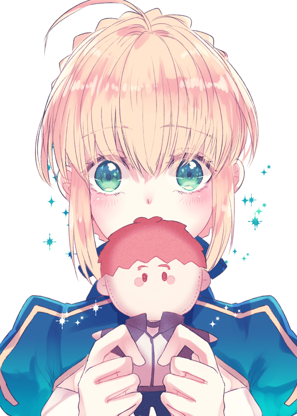 1girl ahoge artoria_pendragon_(all) bangs blonde_hair blue_ribbon blush braided_bun character_doll doll emiya_shirou eyebrows_visible_through_hair fate/stay_night fate_(series) green_eyes hair_between_eyes hair_ribbon highres holding holding_doll looking_at_viewer portrait ribbon ro96cu saber shiny shiny_hair short_hair solo white_background