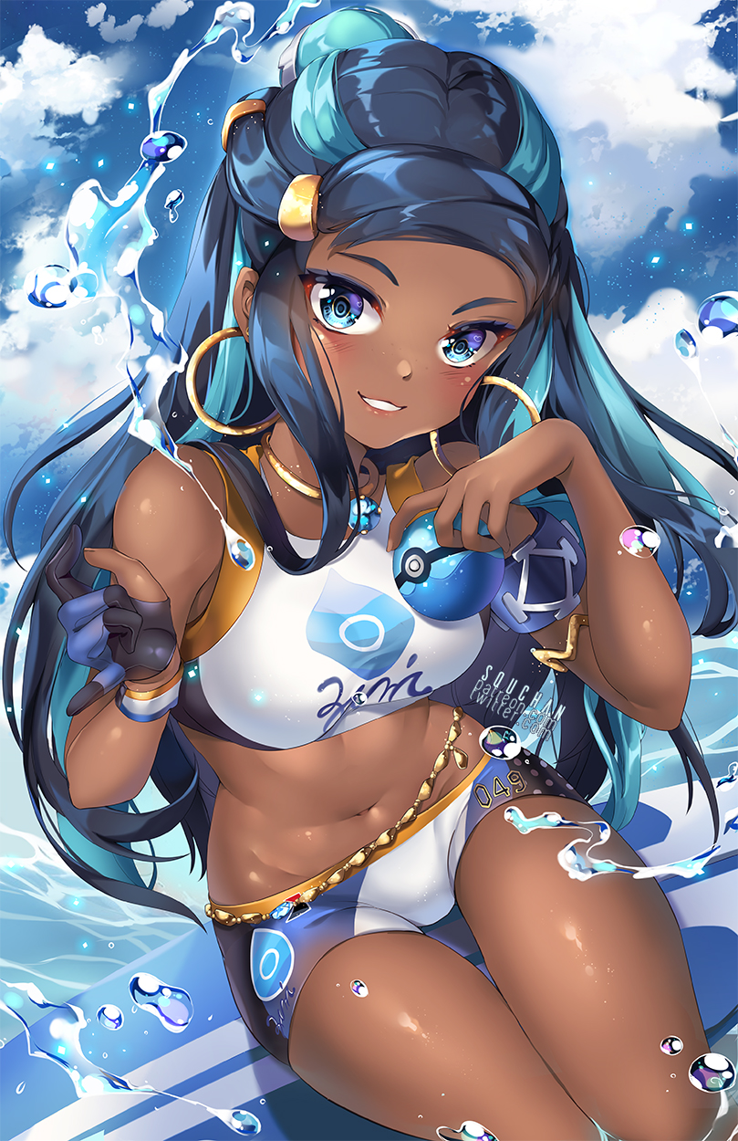 1girl artist_name bare_shoulders bikini black_gloves black_hair blue_eyes blue_hair blue_sky blush breasts clouds cloudy_sky commentary_request dark_skin day dive_ball earrings fingernails forehead gloves hands_up highres holding holding_poke_ball hoop_earrings jewelry medium_breasts multicolored_hair navel outdoors parted_lips partly_fingerless_gloves poke_ball pokemon pokemon_(game) pokemon_swsh rurina_(pokemon) sitting sky solo squchan surfboard swimsuit tankini two-tone_hair v-shaped_eyebrows water watermark web_address white_bikini