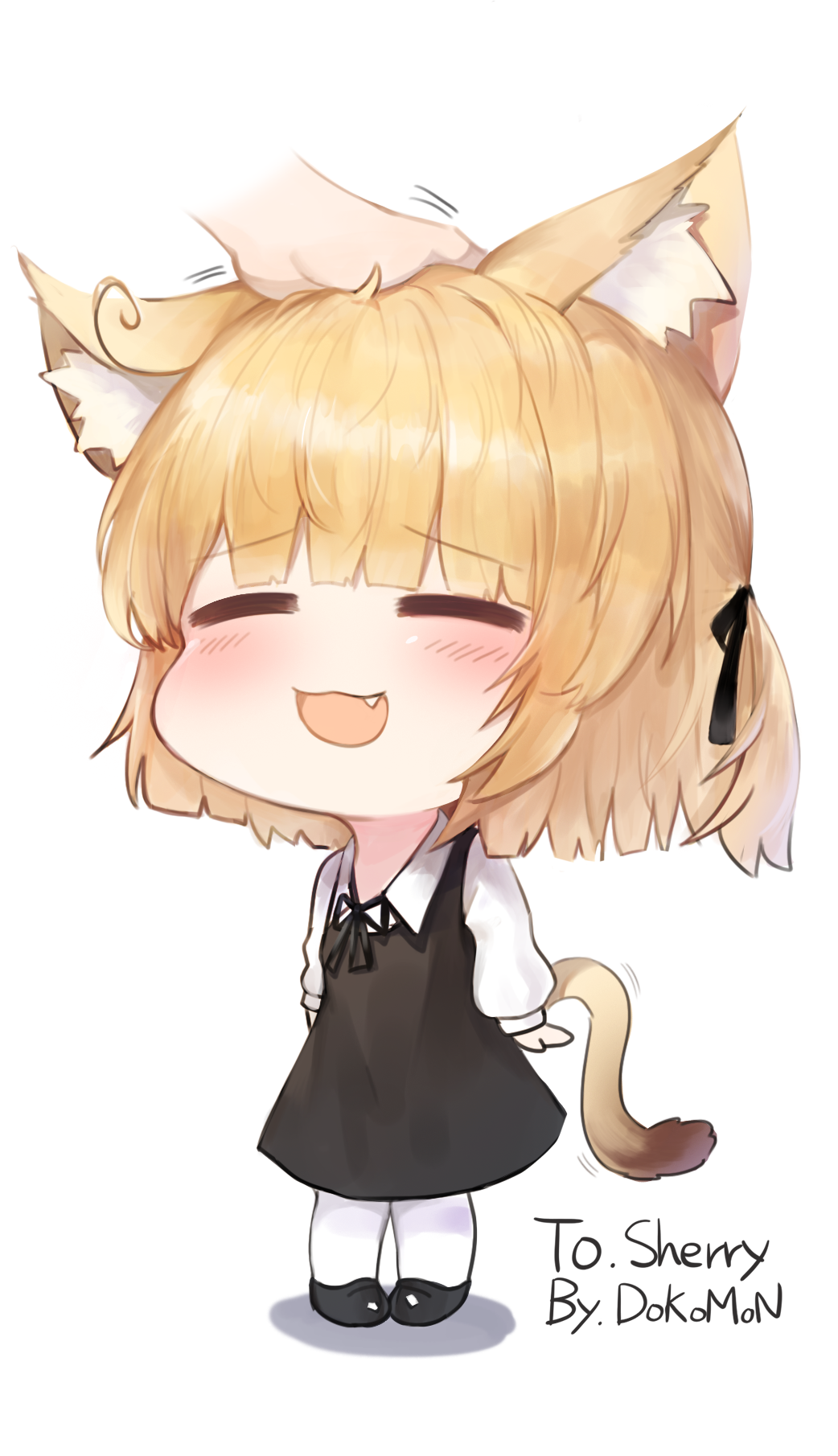 1girl :d animal_ear_fluff animal_ears bangs black_dress black_footwear black_ribbon blonde_hair blush cat_ears cat_girl cat_tail chibi closed_eyes collared_shirt commentary_request dokomon dress eyebrows_visible_through_hair facing_viewer fang full_body hair_ribbon highres korean_commentary long_hair long_sleeves neck_ribbon open_mouth original pantyhose petting pigeon-toed puffy_long_sleeves puffy_sleeves ribbon shadow shirt shoes sleeveless sleeveless_dress smile solo_focus standing tail white_background white_legwear white_shirt