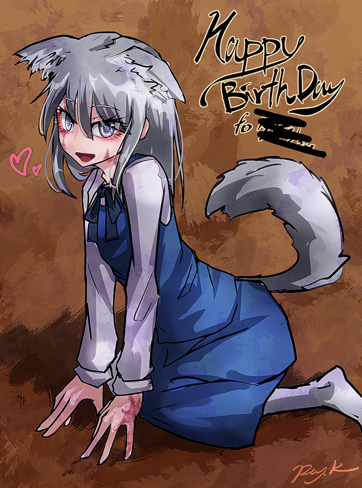 1girl :d animal_ear_fluff animal_ears artist_name bangs blue_dress burn_scar dog_ears dog_tail dorei_to_no_seikatsu_~teaching_feeling~ dress english_text extra_ears eyebrows_visible_through_hair eyes_visible_through_hair full_body grey_hair greyscale hair_between_eyes happy_birthday heart kemonomimi_mode long_hair long_sleeves looking_at_viewer monochrome open_mouth pinafore_dress ray-k scar shirt signature sitting smile solo sylvie_(dorei_to_no_seikatsu) tail white_legwear white_shirt