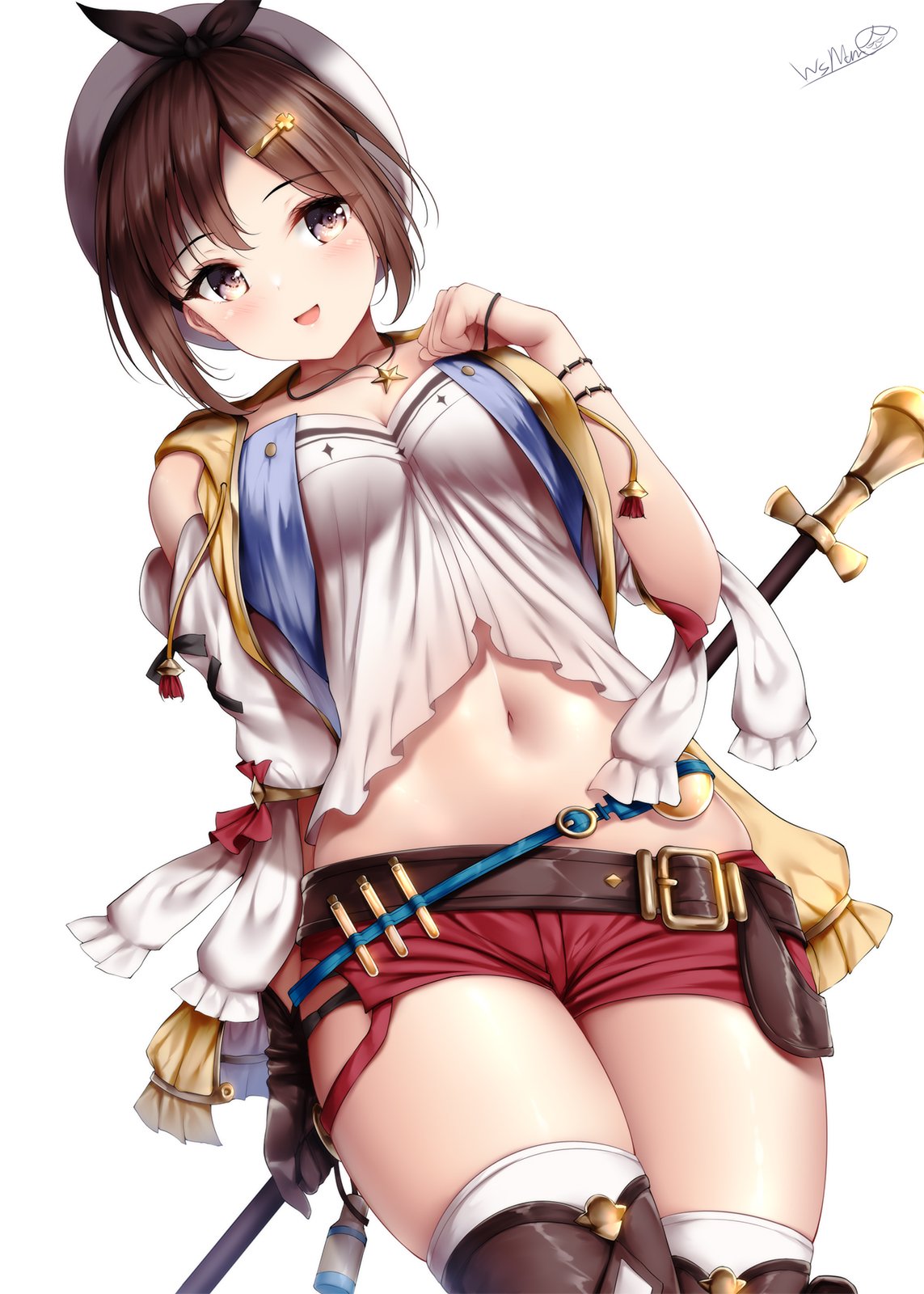 1girl :d atelier_(series) atelier_ryza bangs belt blush breasts brown_eyes brown_hair buckle collarbone cowboy_shot gloves hair_ornament hairclip hat highres holding holding_staff jewelry looking_at_viewer midriff navel necklace open_mouth red_shorts reisalin_stout short_hair short_shorts shorts sidelocks signature simple_background skindentation smile solo staff star star_necklace thigh-highs thighs white_background white_headwear wsman