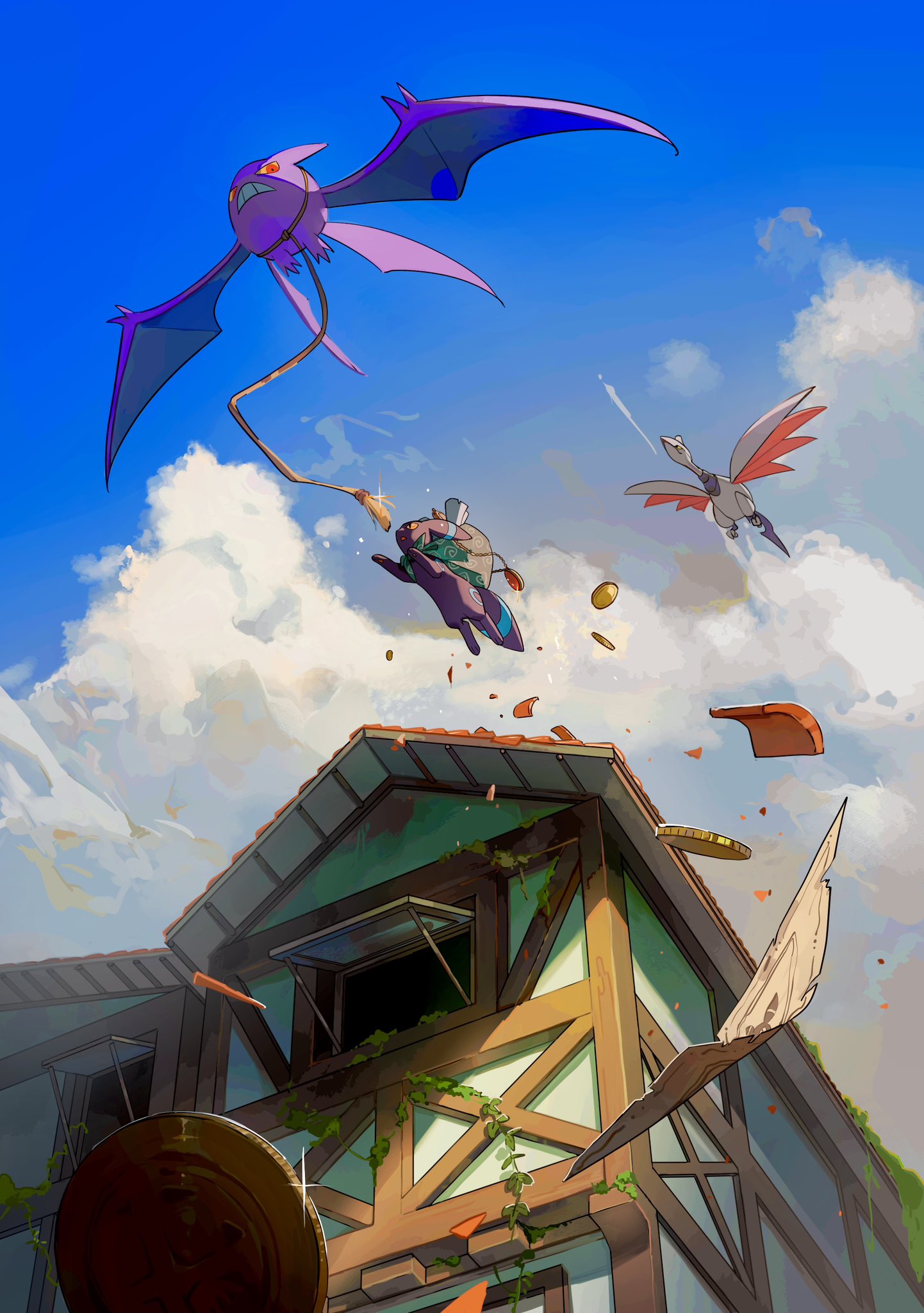 alternate_color building clenched_teeth clouds coin colored_sclera crobat day flying highres no_humans outdoors pokemon pokemon_(creature) red_eyes shiny_pokemon skarmory sky teeth tile_roof two_pokemon umbreon yellow_sclera