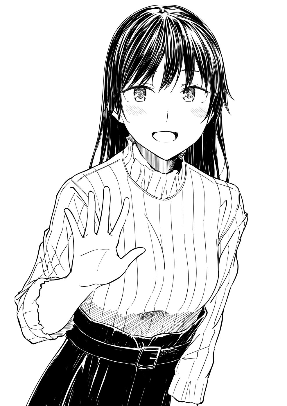 1girl :d bangs belt belt_buckle blush buckle eyebrows_visible_through_hair greyscale hair_between_eyes hand_up high-waist_skirt highres hiwatari_rin long_hair long_sleeves looking_at_viewer monochrome open_mouth original ribbed_shirt shirt simple_background skirt smile solo white_background