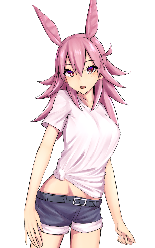 1girl :o belt breasts collarbone denim denim_shorts elfenlied22 fate/grand_order fate_(series) head_wings hildr_(fate/grand_order) large_breasts light_blush long_hair looking_at_viewer midriff pink_eyes pink_hair shirt short_shorts shorts simple_background solo t-shirt tied_shirt valkyrie_(fate/grand_order) white_background white_shirt