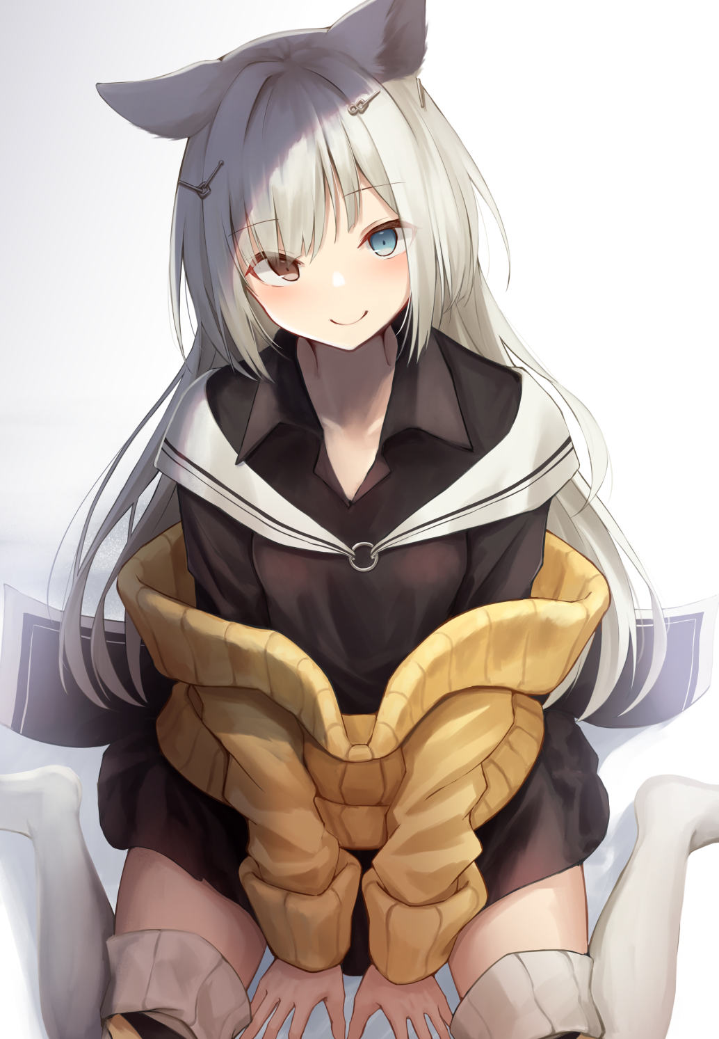 1girl ahoge animal_ears arknights baggy_clothes bangs between_legs black_shirt black_skirt blue_eyes boots breasts brown_eyes cardigan closed_mouth gradient_hair hair_ornament hairclip hand_between_legs head_tilt heterochromia highres knee_boots knoy3356 multicolored_hair nightmare_(arknights) pleated_skirt shirt sitting skirt small_breasts smile sweater thigh-highs wariza white_hair wing_collar yellow_sweater