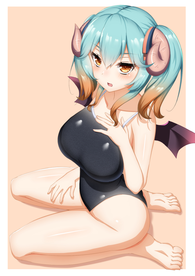 1girl bangs barefoot bat_wings black_swimsuit blue_hair blush breasts collarbone demon_horns eyebrows_visible_through_hair from_above gradient_hair hair_between_eyes hand_on_own_chest hand_on_own_thigh horns lapis_(sennen_sensou_aigis) large_breasts looking_at_viewer multicolored_hair numaccha one-piece_swimsuit open_mouth orange_hair pink_background school_swimsuit sennen_sensou_aigis shiny shiny_hair shiny_skin simple_background sitting swimsuit thighs tongue twintails wariza wings yellow_eyes