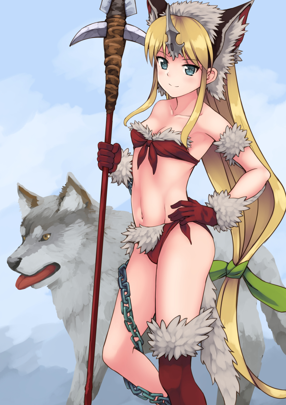 1girl animal_ears bangs bikini blonde_hair blue_eyes breasts chain extra_ears eyebrows_visible_through_hair fenrir_knight gloves hand_on_hip highres holding holding_weapon horn kouno_hikaru long_hair looking_at_viewer low-tied_long_hair navel polearm riesz seiken_densetsu seiken_densetsu_3 single_thighhigh small_breasts smile solo spear standing swimsuit tail thigh-highs weapon wolf wolf_ears wolf_tail