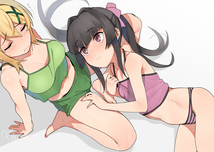 2girls 3: akatsuki_kirika bare_legs barefoot black_hair blonde_hair blush breasts camisole closed_eyes eyebrows_visible_through_hair from_above hair_intakes hair_ornament hand_on_another's_thigh large_breasts long_hair lying midriff multiple_girls no_pants on_side panties pink_eyes rkrk senki_zesshou_symphogear sitting small_breasts striped striped_panties sweatdrop tsukuyomi_shirabe twintails underwear x_hair_ornament yokozuwari