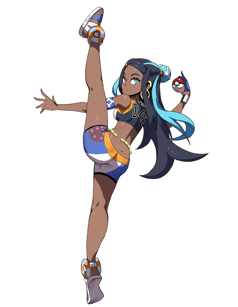 1girl armlet ass bare_shoulders black_hair blue_eyes blue_hair breasts dark_skin earrings full_body genzoman gloves hair_bun holding holding_poke_ball hoop_earrings jewelry long_hair looking_at_viewer multicolored_hair poke_ball pokemon pokemon_(game) pokemon_swsh rurina_(pokemon) sandals shorts simple_background single_glove solo split sports_bra sportswear standing standing_on_one_leg standing_split white_background