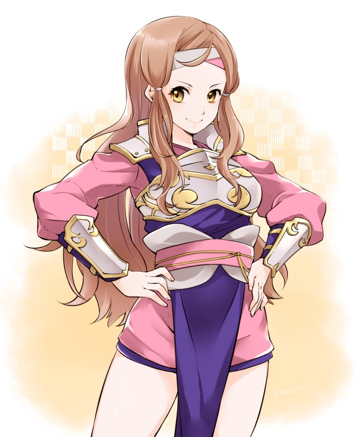 1girl ataka_takeru breastplate brown_eyes brown_hair closed_mouth fire_emblem fire_emblem_if headband japanese_clothes kazahana_(fire_emblem_if) kimono long_hair obi pelvic_curtain sash short_kimono smile solo