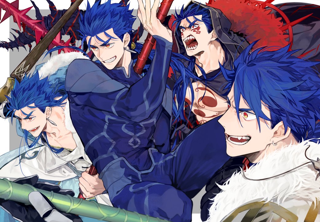 1boy angry armor blue_hair chest_tattoo cloak collar collarbone commentary costume cu_chulainn_(fate/grand_order) earrings facial_tattoo fangs fate/grand_order fate/stay_night fate_(series) fur gae_bolg gloves holding holding_weapon hood hood_up hooded_cloak jewelry lancer long_hair long_sleeves looking_to_the_side male_focus medallion open_mouth polearm ponytail red_eyes screaming shoulder_pads smile spear tatsuta_age tattoo teeth weapon