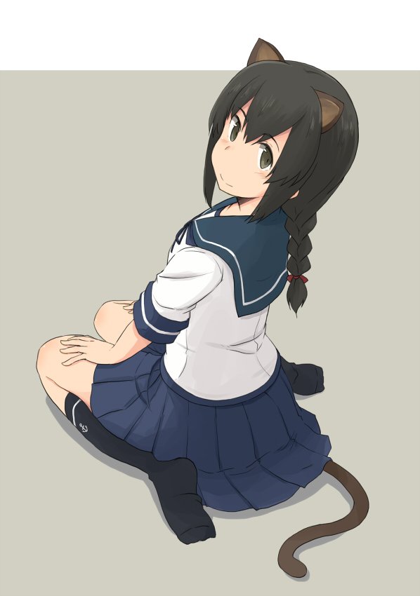 1girl animal_ears black_eyes black_hair black_legwear blue_sailor_collar blue_skirt braid brown_eyes cat_ears cat_tail from_behind full_body grey_background hair_between_eyes isonami_(kantai_collection) kantai_collection kneehighs kugui_kiyunemu looking_at_viewer pleated_skirt sailor_collar school_uniform serafuku sidelocks single_braid skirt solo tail two-tone_background