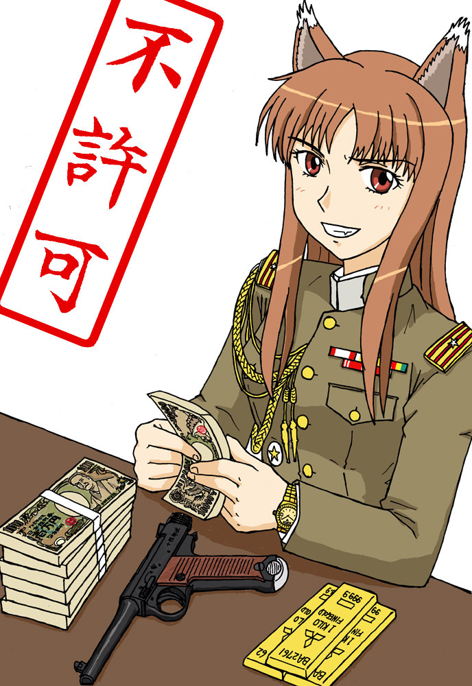 1girl animal_ears brown_hair commentary_request crapgame gold gold_bar grin gun handgun holo imperial_japanese_army long_hair looking_at_viewer millipen_(medium) money nambu_type_14 red_eyes smile solo spice_and_wolf teeth traditional_media translated watch weapon wolf_ears wolf_girl