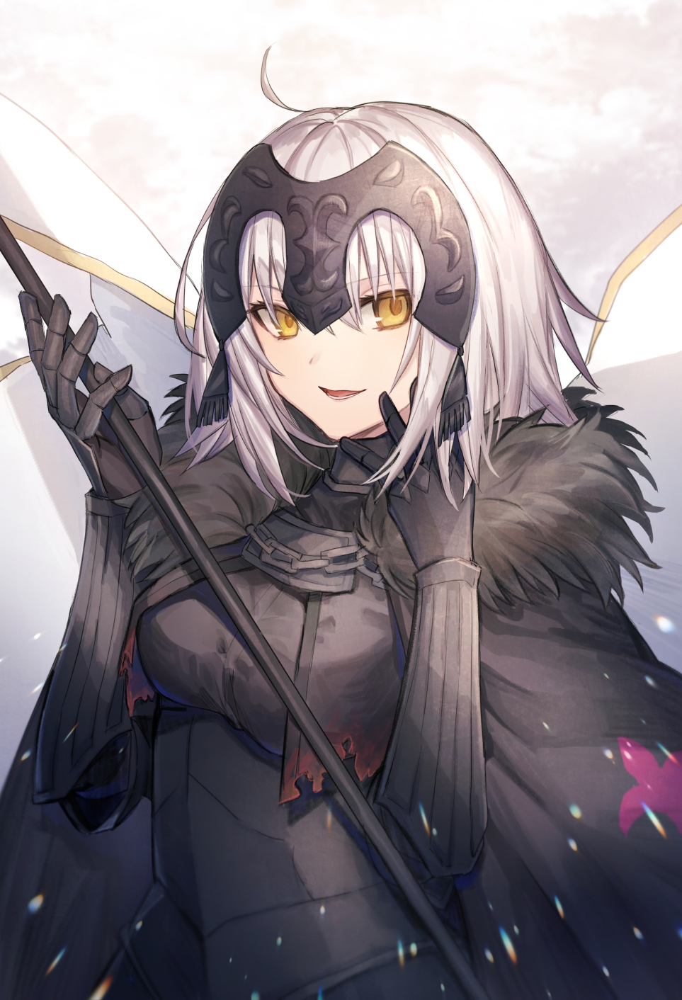 .com_(cu_105) 1girl ahoge armor armored_dress bangs black_cape black_dress black_gloves breasts brown_eyes cape commentary_request dress eyebrows_visible_through_hair fate/grand_order fate_(series) flag fur-trimmed_cape fur_trim gloves hair_between_eyes hands_up headpiece highres holding holding_flag jeanne_d'arc_(alter)_(fate) jeanne_d'arc_(fate)_(all) looking_at_viewer medium_breasts parted_lips smile solo white_hair
