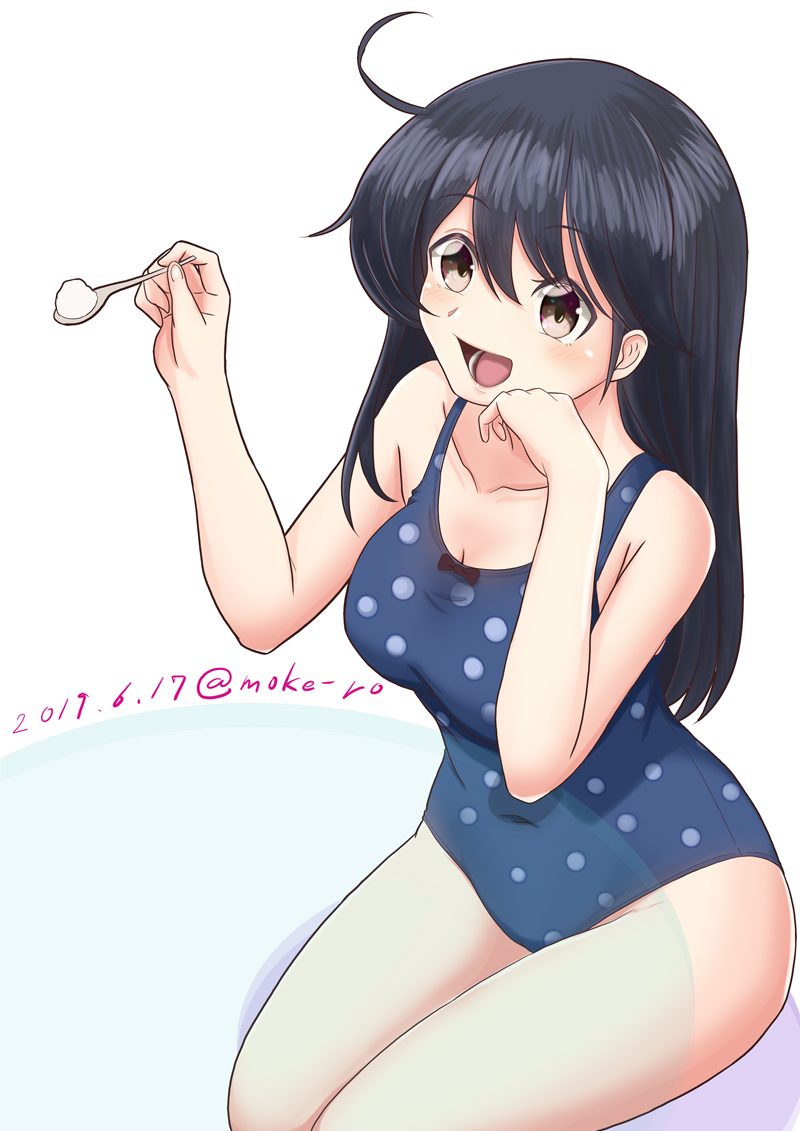 1girl ahoge black_hair blue_swimsuit brown_eyes casual_one-piece_swimsuit commentary_request cowboy_shot dated feeding kantai_collection long_hair mokerou one-piece_swimsuit open_mouth polka_dot polka_dot_swimsuit see-through simple_background sitting smile solo spoon swimsuit table twitter_username ushio_(kantai_collection) white_background