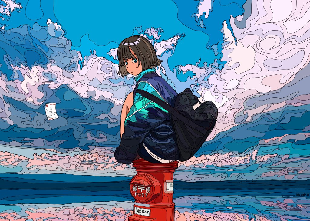 1girl backpack bag bangs black_backpack black_hair blue_sky clouds cloudy_sky flat_color from_behind harusameriburo knees_up ligne_claire long_sleeves looking_back original outdoors short_hair sitting sky solo