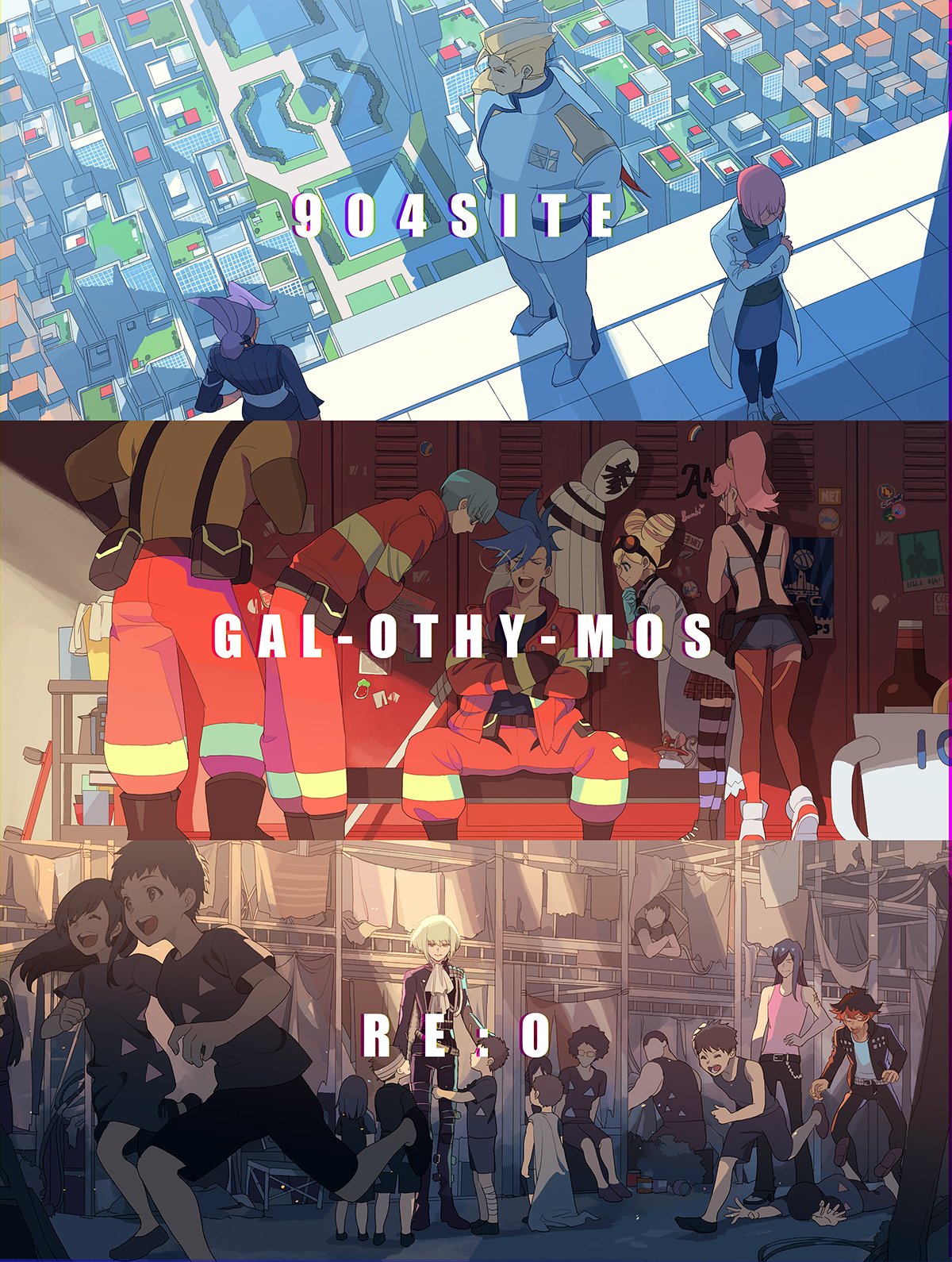 aina_ardebit bench biar_colossus blonde_hair blue_hair boots child cityscape closed_eyes crossed_arms galo_thymos goggles green_hair gueira heris_ardebit highres kray_foresight lio_fotia lucia_fex meis_(promare) oka_(a.m.) pink_hair ponytail promare remi_puguna sleeping spiky_hair striped striped_legwear thigh-highs varys_truss