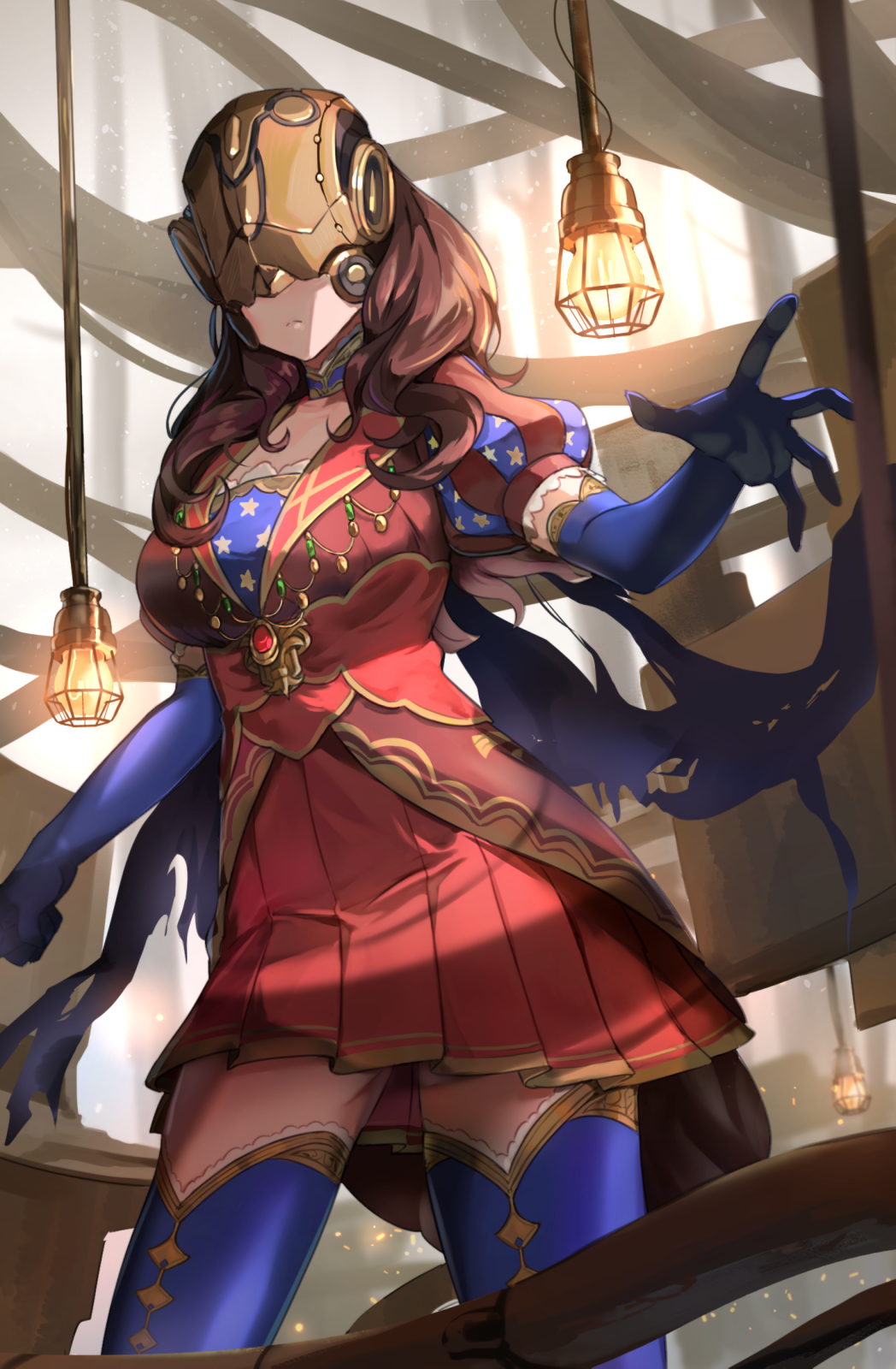 1girl blue_cape blue_gloves blue_legwear breasts brown_hair cape elbow_gloves fate/grand_order fate_(series) gloves hanging_light helmet highres hsin large_breasts leonardo_da_vinci_(fate/grand_order) long_hair mask pleated_skirt red_skirt skirt solo thigh-highs torn_cape torn_clothes wavy_hair