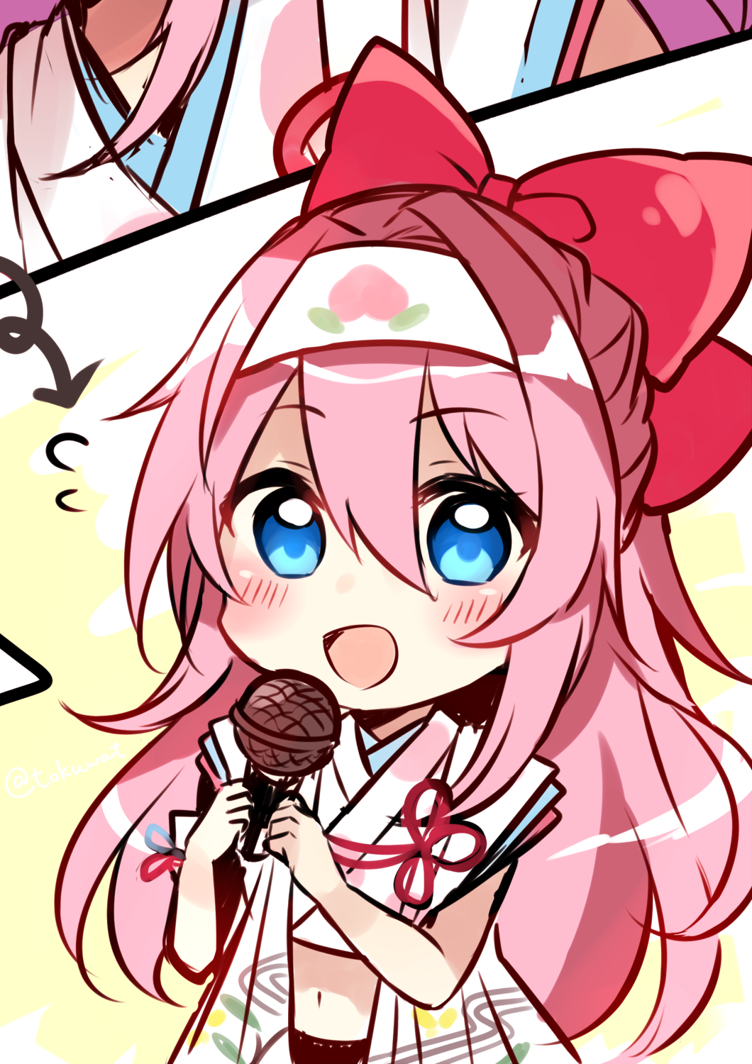 1girl :d bangs blue_eyes blush bow chibi copyright_request crop_top eyebrows_visible_through_hair flying_sweatdrops fukunoki_tokuwa hair_between_eyes hair_bow hairband highres holding holding_microphone japanese_clothes kimono long_hair looking_at_viewer microphone navel open_mouth pink_hair red_bow sleeveless sleeveless_kimono smile very_long_hair white_hairband white_kimono
