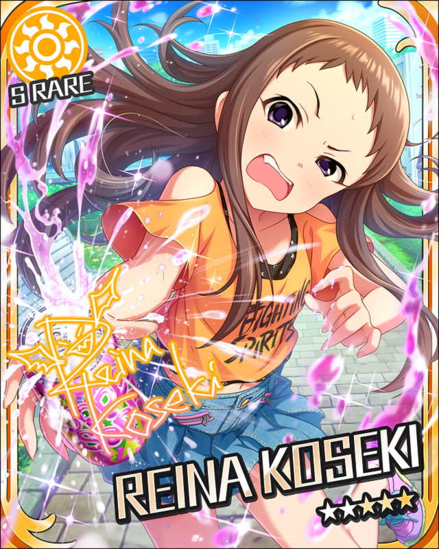 blush brown_hair character_name idolmaster idolmaster_cinderella_girls koseki_reina long_hair shirt stars violet_eyes