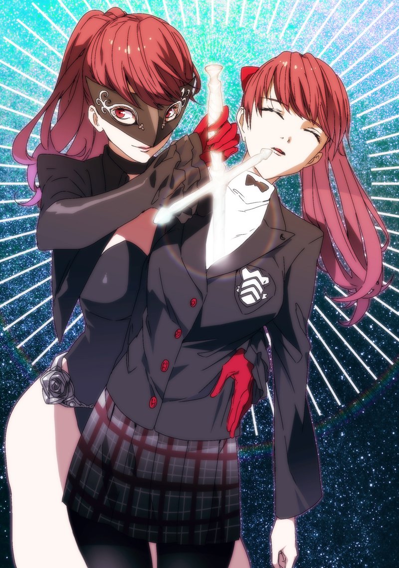 1girl atlus black_leotard bodysuit bow closed_eyes dual_persona fainted gloves glowing glowing_weapon hair_bow holding holding_sword holding_weapon leotard mask megami_tensei mizu_cx multiple_girls multiple_persona open_eyes parted_lips persona persona_5 persona_5_the_royal plaid plaid_skirt pulling red_eyes red_gloves redhead school_uniform skirt sky smile star_(sky) starry_sky sword tied_hair weapon yoshizawa_kasumi