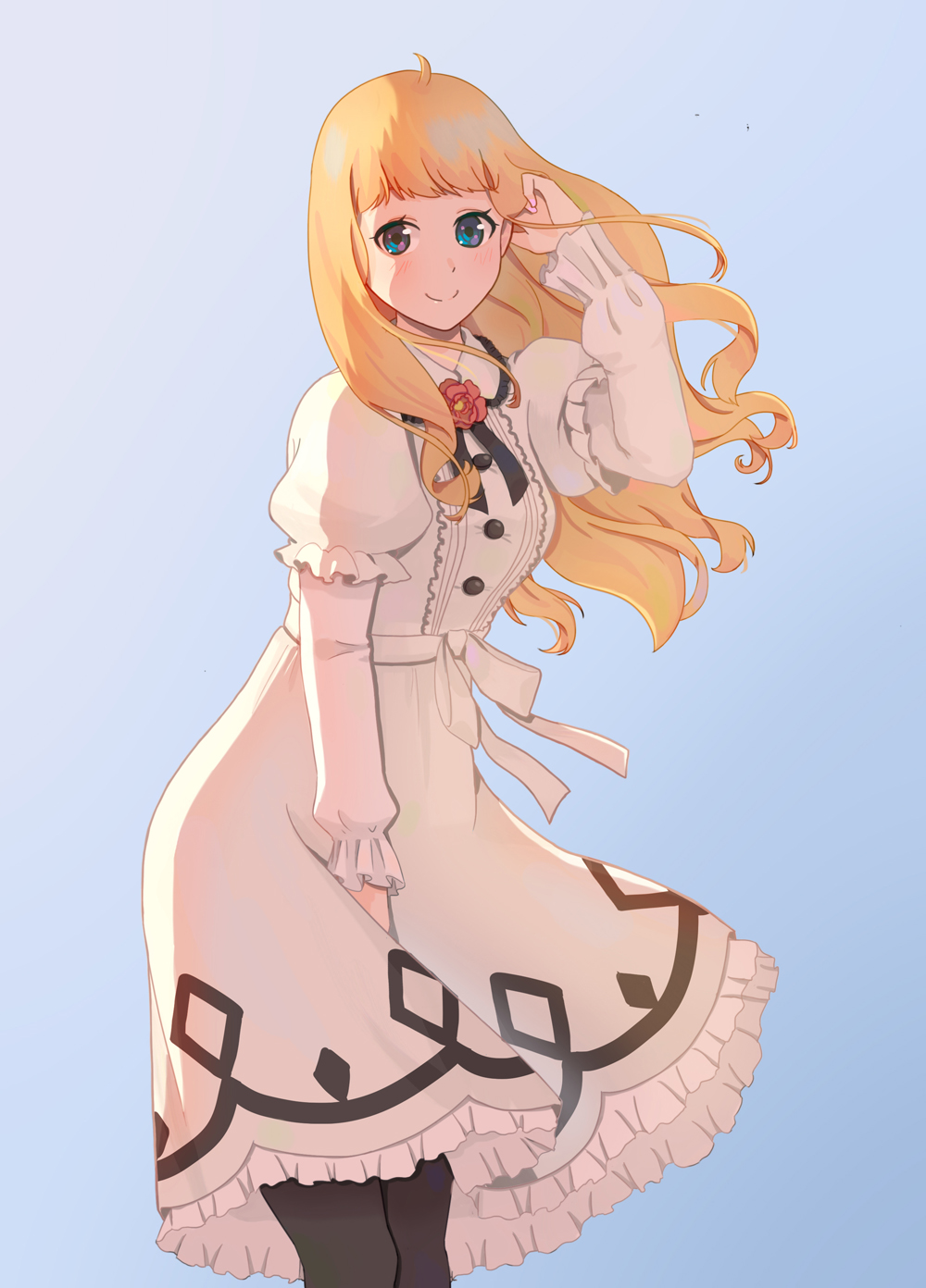 1girl ahoge black_legwear blue_background blue_eyes carole_&amp;_tuesday dress flower hand_up highres long_hair long_sleeves looking_at_viewer pantyhose puffy_long_sleeves puffy_sleeves qiutiantianqiu simple_background smile solo standing tuesday_simmons very_long_hair white_dress