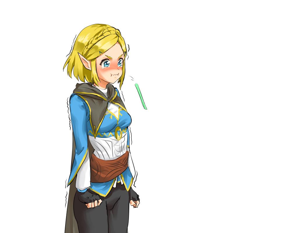 1girl athenawyrm bangs belt blonde_hair blue_eyes blush braid breasts cape clenched_hands commentary crown_braid drinking_straw fingerless_gloves gloves hair_ornament hairclip motion_lines pointy_ears pout princess_zelda puffy_sleeves shaking simple_background small_breasts solo standing tears the_legend_of_zelda the_legend_of_zelda:_breath_of_the_wild the_legend_of_zelda:_breath_of_the_wild_2 upper_body wavy_mouth white_background