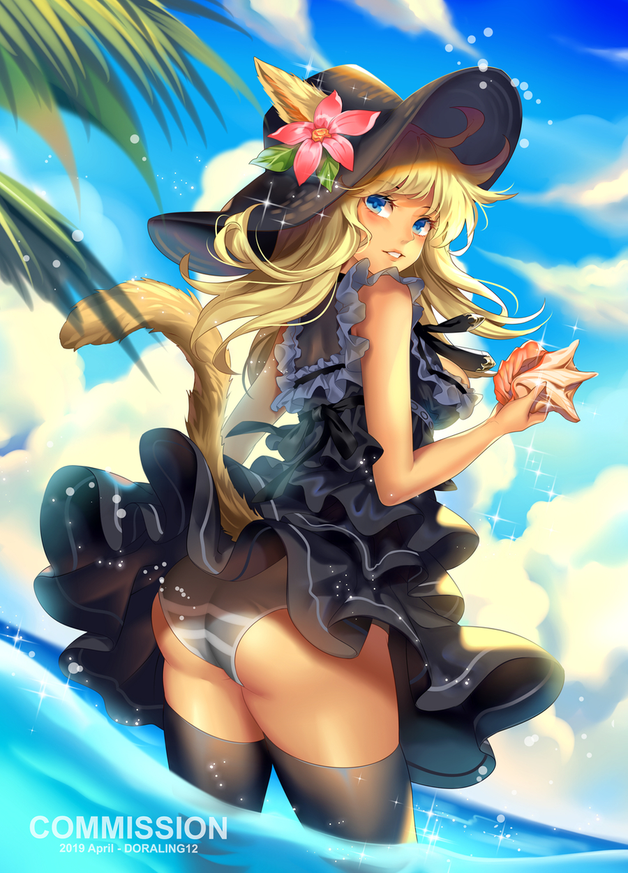 animal_ears ass bangs black_dress black_legwear blonde_hair blue_eyes blue_sky breasts cat_ears cat_tail clouds commission day dress dutch_angle ears_through_headwear english_commentary eyebrows_visible_through_hair final_fantasy final_fantasy_xiv flower frilled_dress frills from_behind hair_flower hair_ornament hat highres holding ling_(doraling12) long_hair looking_at_viewer looking_back medium_breasts miqo'te panties pantyshot pantyshot_(standing) parted_lips shell sky standing striped striped_panties tail thigh-highs underwear water watermark