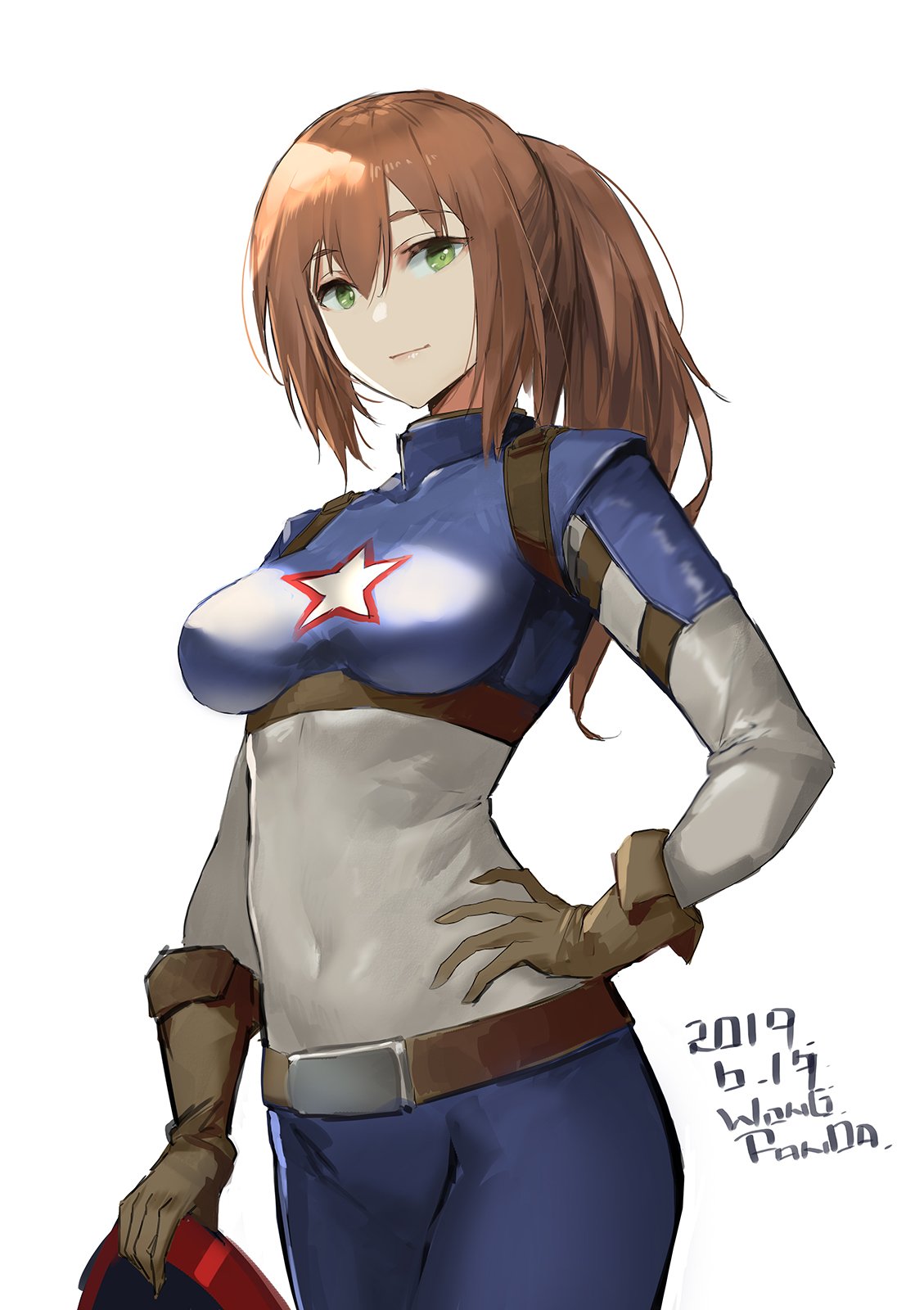 1girl bangs belt blue_pants bodysuit breasts brown_gloves brown_hair captain_america captain_america_(cosplay) cosplay covered_navel cowboy_shot dated eyebrows_visible_through_hair girls_frontline gloves green_eyes hair_between_eyes hand_on_hip highres large_breasts long_hair looking_at_viewer m1903_springfield_(girls_frontline) marvel pandea_work pants ponytail shield sidelocks simple_background smile solo star white_background