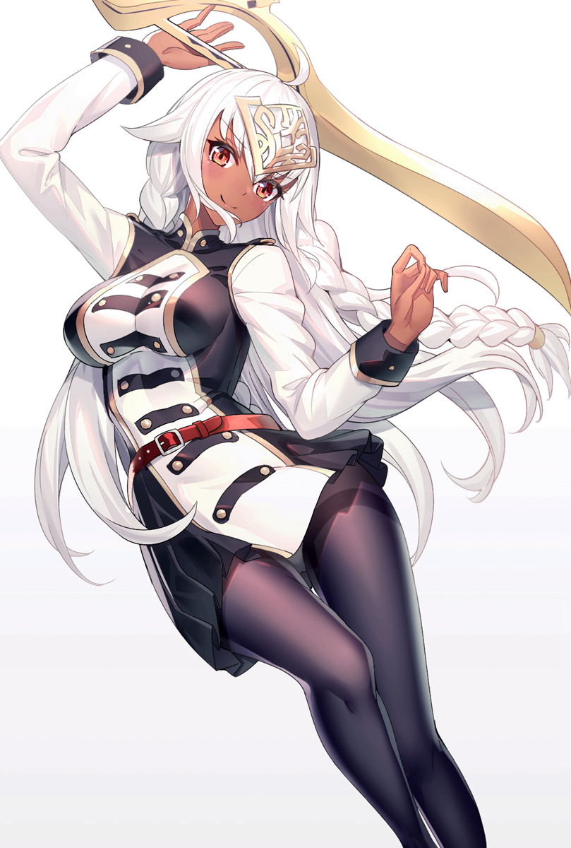 1girl arm_up bangs black_dress black_legwear blush braid breasts closed_mouth commentary_request dark_skin dress eyebrows_visible_through_hair fate/grand_order fate_(series) hair_between_eyes headpiece highres holding holding_sword holding_weapon lakshmibai_(fate/grand_order) large_breasts long_hair long_sleeves pantyhose red_eyes ririko_(zhuoyandesailaer) simple_background smile solo sword thigh_gap thighband_pantyhose twin_braids very_long_hair weapon white_background white_hair