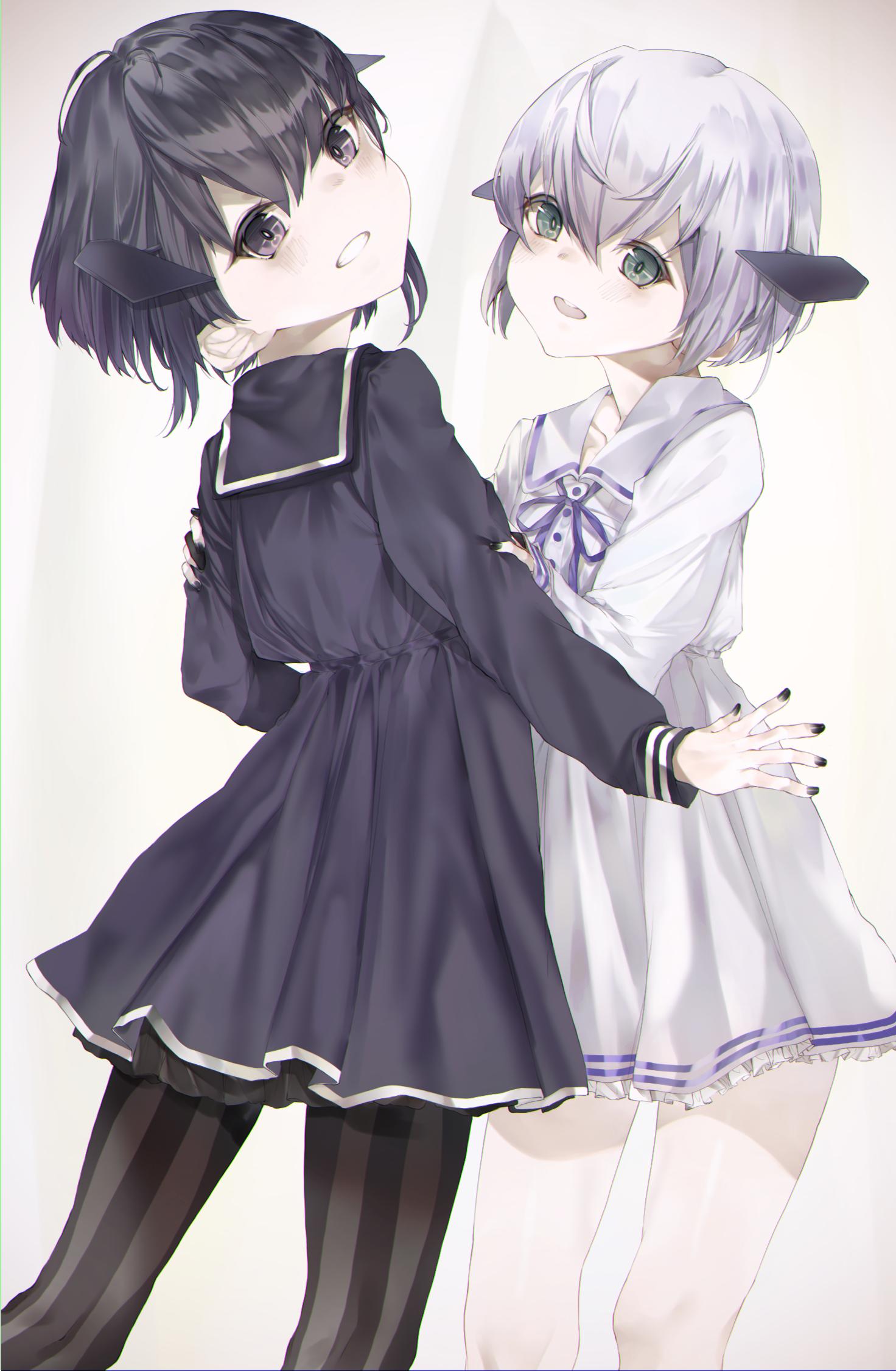 2girls abyssal_twin_hime_(black) abyssal_twin_hime_(white) bangs black_dress black_hair black_legwear blush dress frilled_dress frills green_eyes highres inorin05kanae kantai_collection long_sleeves multiple_girls nail_polish open_mouth pale_skin pantyhose sailor_collar shinkaisei-kan short_hair smile striped striped_legwear teeth violet_eyes white_dress white_hair white_legwear