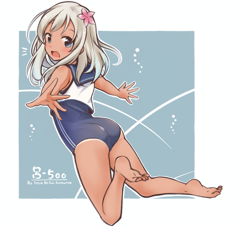 1girl ass bangs bare_arms bare_legs bare_shoulders barefoot blue_eyes blush commentary_request crop_top eyebrows_visible_through_hair flower hair_between_eyes hair_flower hair_ornament kantai_collection legs long_hair looking_at_viewer one-piece_swimsuit one-piece_tan open_mouth ro-500_(kantai_collection) sailor_collar school_swimsuit simple_background smile solo swimsuit swimsuit_under_clothes tan tanline tobi_(nekomata_homara) white_hair