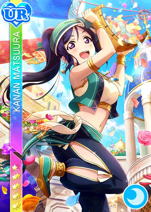 arabian_architecture blue_hair blush flower_petals long_hair love_live!_school_idol_festival love_live!_sunshine!! matsuura_kanan official_art ponytail smile violet_eyes