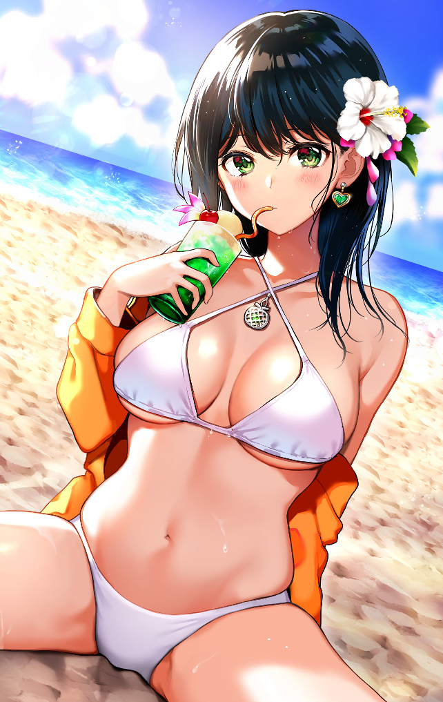 1girl bare_shoulders beach bikini black_hair blue_sky breasts breasts_apart cherry clouds criss-cross_halter cup day drinking drinking_glass drinking_straw earrings flower food fruit green_eyes hair_flower hair_ornament halterneck heart jacket jewelry large_breasts long_hair long_sleeves looking_at_viewer navel nishizawa ocean off_shoulder open_clothes open_jacket orange_jacket original outdoors sand sitting sky solo spread_legs stomach sunlight swimsuit thighs tropical_drink white_bikini white_flower