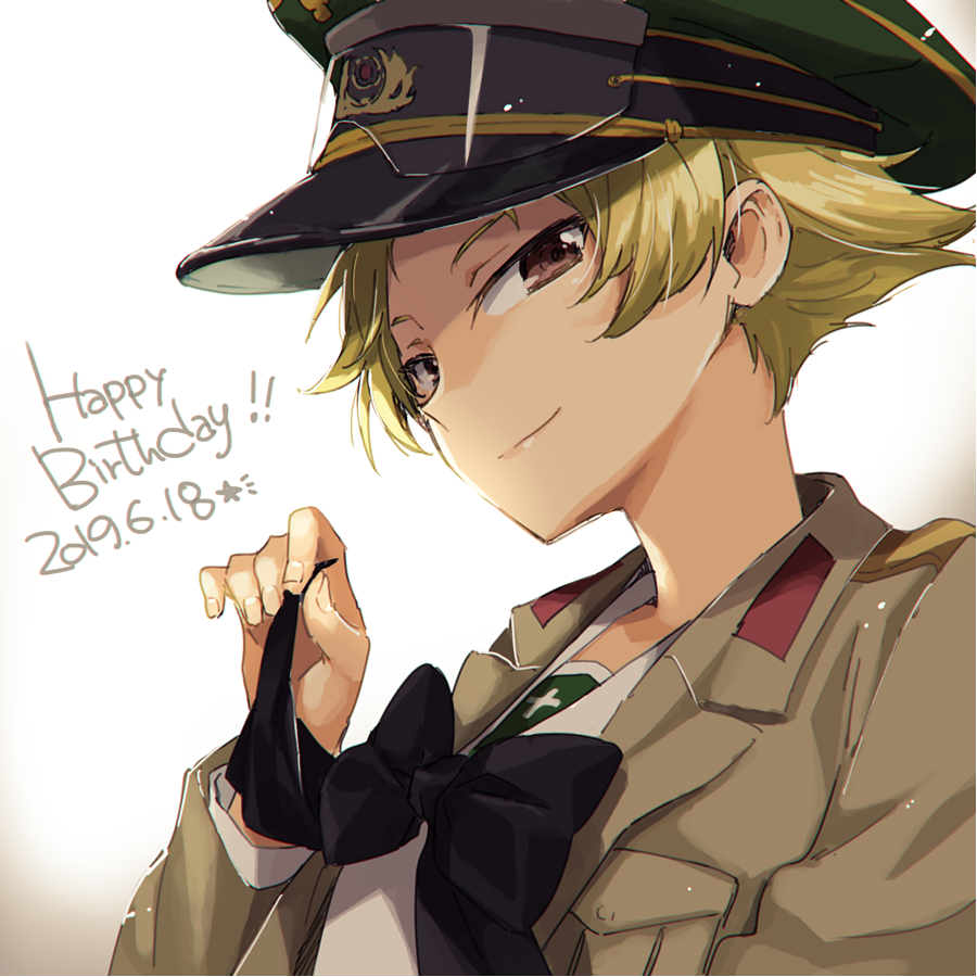 1girl adjusting_neckwear black_bow black_neckwear blonde_hair blouse bow bowtie brown_eyes brown_jacket closed_mouth commentary dated english_text erwin_(girls_und_panzer) girls_und_panzer goggles goggles_on_headwear green_headwear half-closed_eyes happy_birthday hat jacket long_sleeves looking_at_viewer military_hat military_jacket ooarai_school_uniform open_clothes open_jacket peaked_cap pointy_hair portrait school_uniform serafuku shinaso_(sachi-machi) short_hair smile solo white_blouse