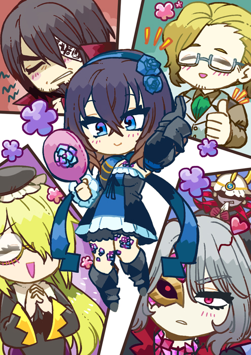 3girls alfred_(bloodstained) anne_(bloodstained) artist_request black_hair bloodstained:_ritual_of_the_night blue_eyes breasts brown_hair candle chibi detached_sleeves everyone flower flower_tattoo gauntlets glasses gradient_hair hair_between_eyes hair_ornament hair_over_one_eye horns johannes_(bloodstained) long_hair looking_at_viewer medium_breasts miriam_(bloodstained) moon multicolored_hair multiple_boys multiple_girls short_hair simple_background smile stained_glass tattoo zangetsu_(bloodstained)