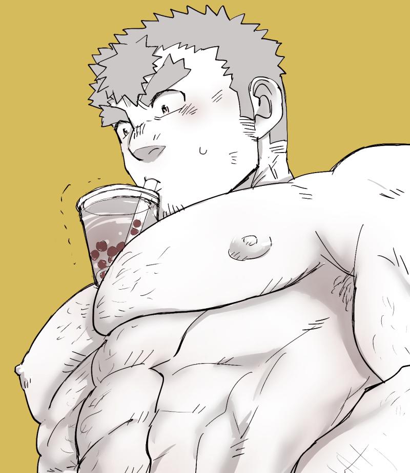 1boy abs bara black_hair blush body_hair bursting_pecs chest chest_hair cup drink drinking_glass drinking_straw facial_hair kengo_(tokyo_houkago_summoners) m_cwfe male_focus muscle nipples simple_background solo thick_eyebrows tokyo_houkago_summoners