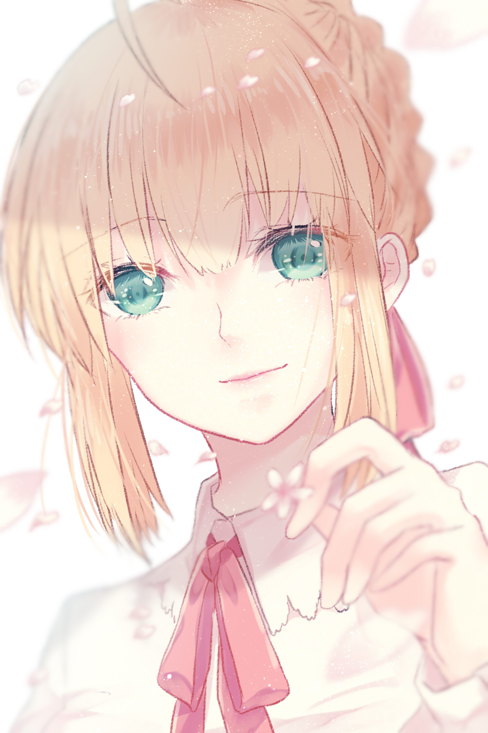 1girl ahoge artoria_pendragon_(all) bangs blonde_hair braided_bun closed_mouth eyebrows_visible_through_hair fate/stay_night fate_(series) flower green_eyes hair_ribbon highres holding holding_flower long_sleeves looking_at_viewer neck_ribbon petals pink_ribbon ribbon ro96cu saber shirt short_hair sidelocks smile solo upper_body white_background white_flower white_shirt