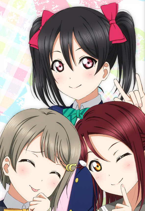 3girls \m/ black_hair circle_cut closed_eyes finger_to_mouth grey_hair kazuma_(theworld000021) long_hair love_live! love_live!_school_idol_festival_all_stars love_live!_school_idol_project love_live!_sunshine!! multiple_girls nakasu_kasumi one_eye_closed perfect_dream_project redhead sakurauchi_riko short_hair tongue tongue_out twintails upper_body yazawa_nico