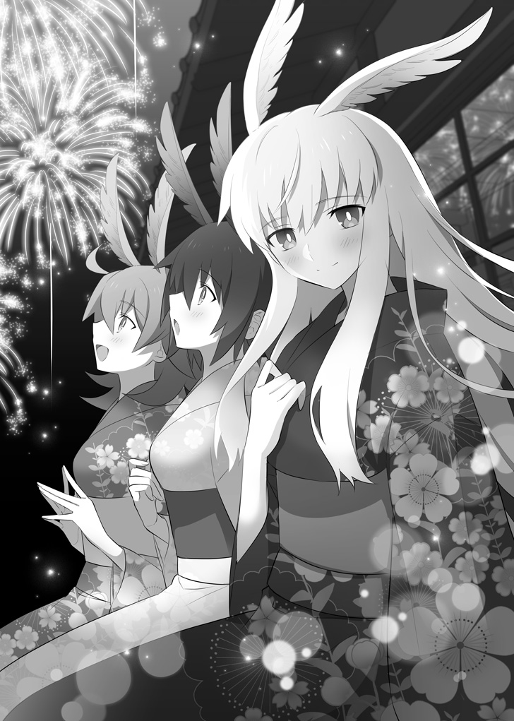 3girls :d :o ahoge blush commentary_request fate/grand_order fate_(series) fireworks floral_print greyscale head_wings hildr_(fate/grand_order) japanese_clothes kimono light_smile long_hair looking_at_viewer looking_up meiji_ken monochrome multiple_girls open_mouth ortlinde_(fate/grand_order) print_kimono short_hair smile thrud_(fate/grand_order) valkyrie_(fate/grand_order)