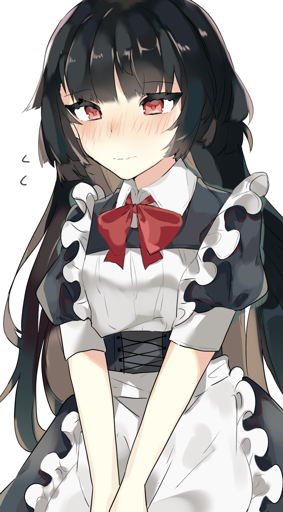 1girl alternate_costume aogisa apron bangs black_dress black_hair blunt_bangs blush closed_mouth dress eyebrows_visible_through_hair frilled_apron frills girls_frontline hands_together highres long_hair looking_down maid maid_apron maid_dress red_eyes red_ribbon ribbon short_sleeves simple_background solo type_100_(girls_frontline) upper_body white_apron white_background