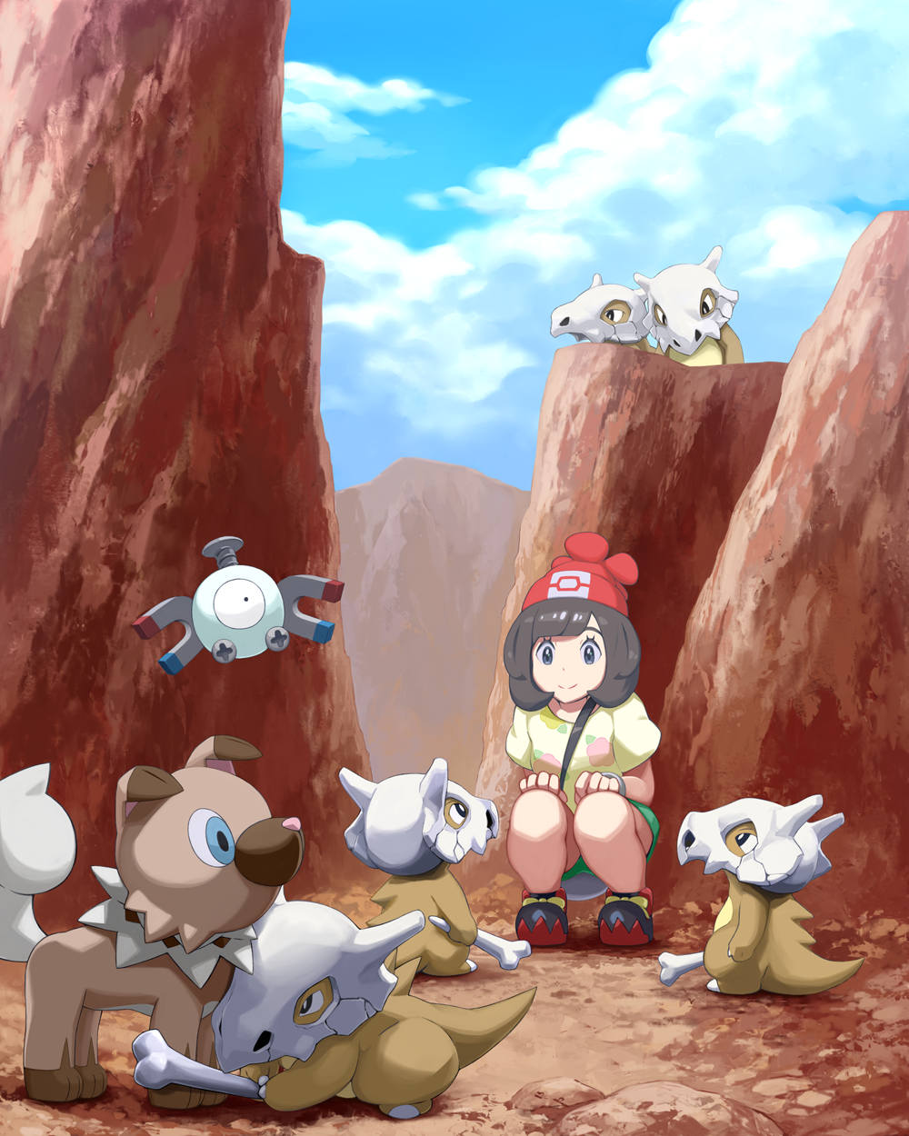 1girl black_hair closed_mouth clouds cubone full_body gen_1_pokemon gen_7_pokemon green_shorts hands_on_own_knees hat highres magnemite mizuki_(pokemon) mk_(mikka) outdoors poke_ball_print pokemon pokemon_(creature) pokemon_(game) pokemon_sm print_hat print_shirt red_headwear rockruff shirt short_hair short_shorts short_sleeves shorts smile squatting yellow_shirt