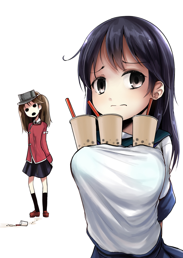 2girls black_hair black_skirt breast_envy breasts brown_hair bubble_tea bubble_tea_challenge collared_shirt commentary cup disposable_cup drinking_straw embarrassed empty_eyes fine_art_parody flat_chest frown japanese_clothes kantai_collection kariginu kurona large_breasts medium_hair multiple_girls open_mouth parody ryuujou_(kantai_collection) sailor_collar shirt shoes simple_background skirt socks spill the_scream ushio_(kantai_collection) visor_cap white_background white_shirt