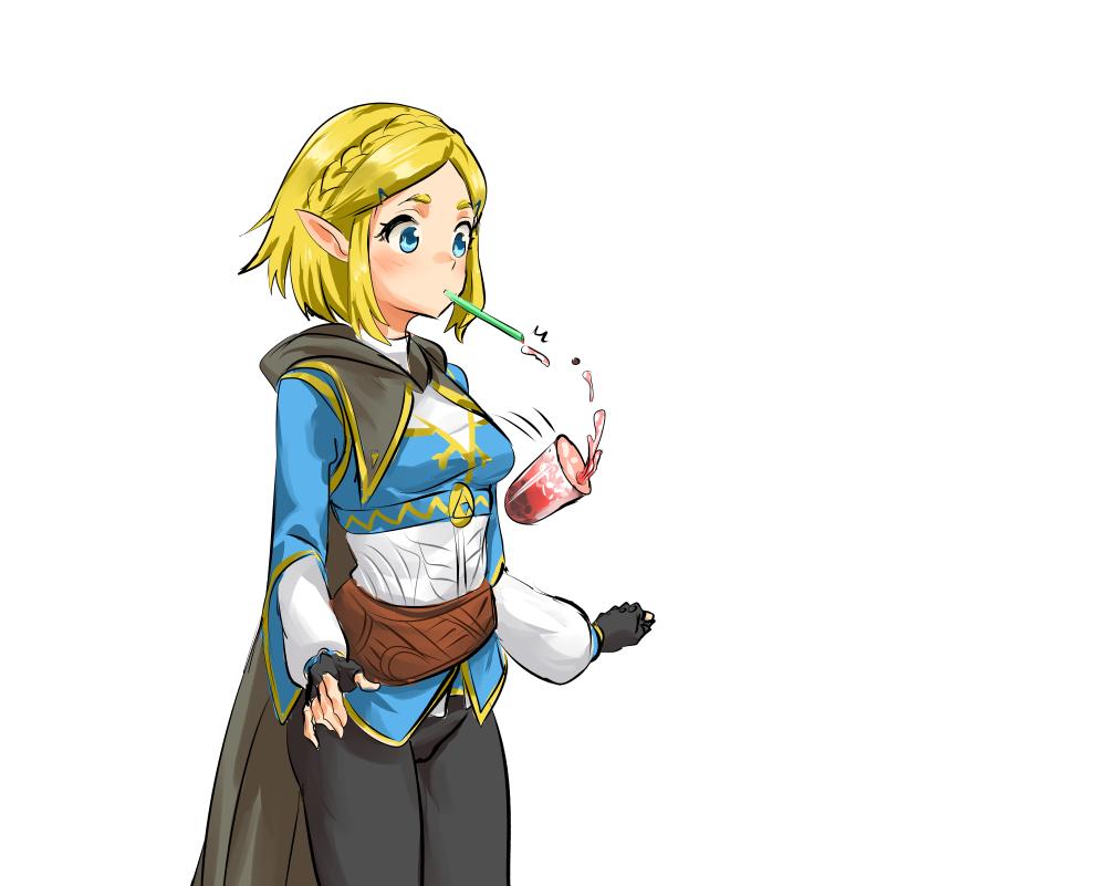 /\/\/\ 1girl athenawyrm bangs belt blonde_hair blue_eyes braid breasts bubble_tea bubble_tea_challenge cape clenched_hand commentary crown_braid cup drinking drinking_straw drinking_straw_in_mouth dropping fingerless_gloves food gloves hair_ornament hairclip open_hand pointy_ears princess_zelda puffy_sleeves simple_background small_breasts solo standing the_legend_of_zelda the_legend_of_zelda:_breath_of_the_wild the_legend_of_zelda:_breath_of_the_wild_2 upper_body white_background