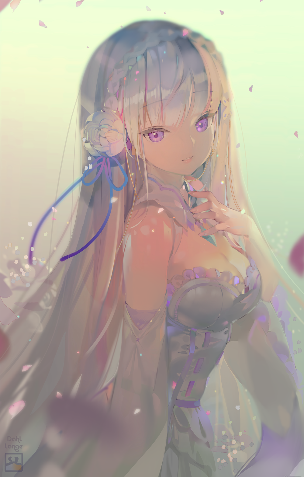 braid breasts crown_braid dahl-lange elf emilia_(re:zero) flower hair_flower hair_ornament highres medium_breasts pointy_ears purple_ribbon re:zero_kara_hajimeru_isekai_seikatsu ribbon silver_hair violet_eyes white_flower wide_sleeves