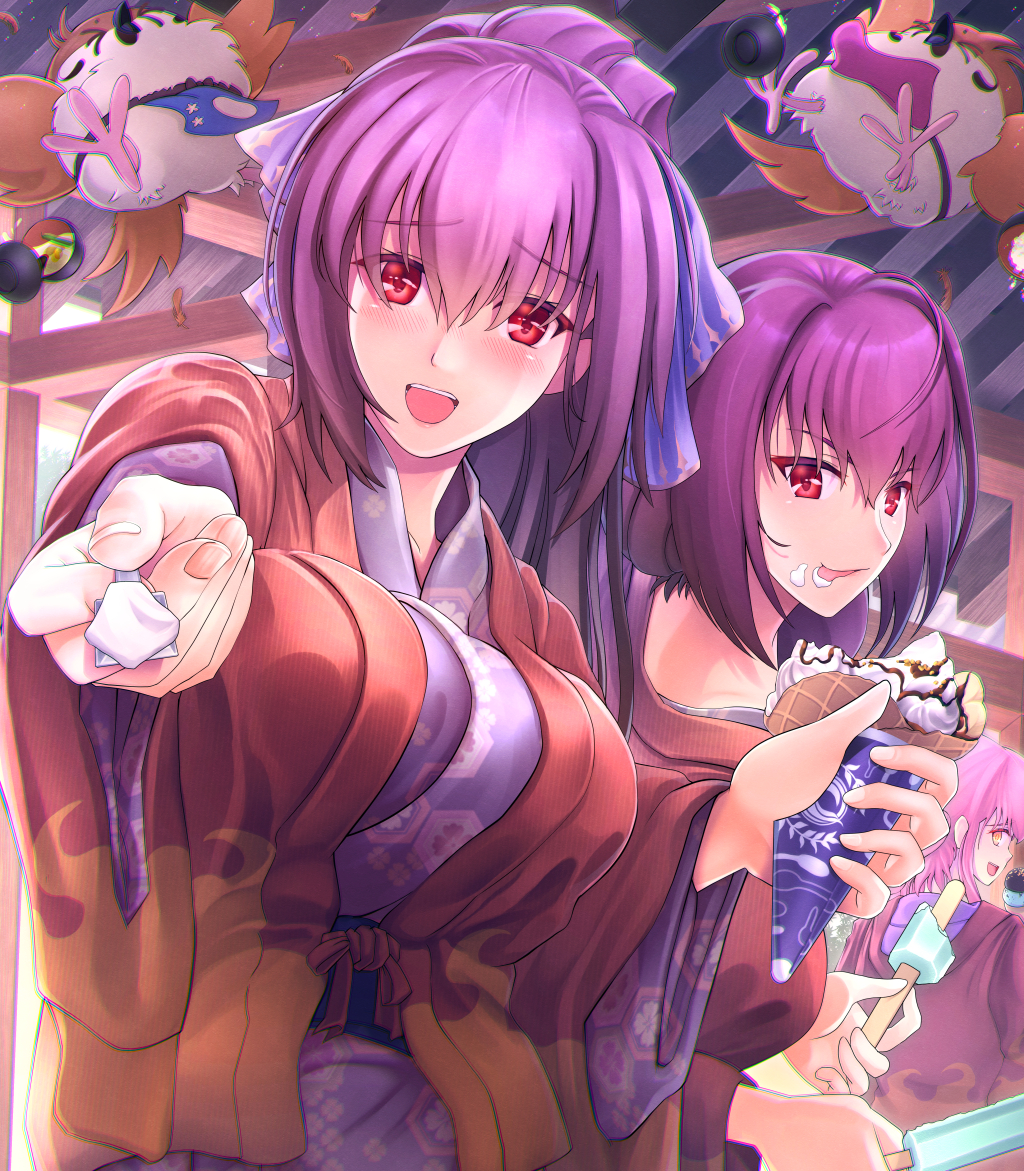 3girls :d alternate_costume alternate_hairstyle breasts character_request commentary_request fate/grand_order fate_(series) food food_on_face hair_ribbon ice_cream ice_cream_cone ice_cream_on_face japanese_clothes kimono large_breasts looking_at_viewer multiple_girls offering open_mouth pakupaku_choppu pink_hair popsicle purple_hair purple_kimono red_eyes ribbon scathach_(fate)_(all) scathach_(fate/grand_order) scathach_skadi_(fate/grand_order) smile